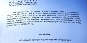 Treść awansu inspektora ITD.