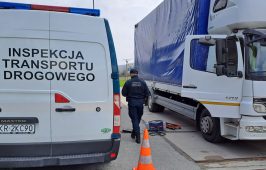 Inspektor dokonuje pomiarów dymomierzem podczas akcji weryfikacji spełniania dopuszczalnych norm emisji spalin. W tle kontrolowany pojazd.